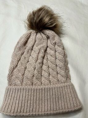 Baby Knit Cable Pom Beanie in Light Taupe